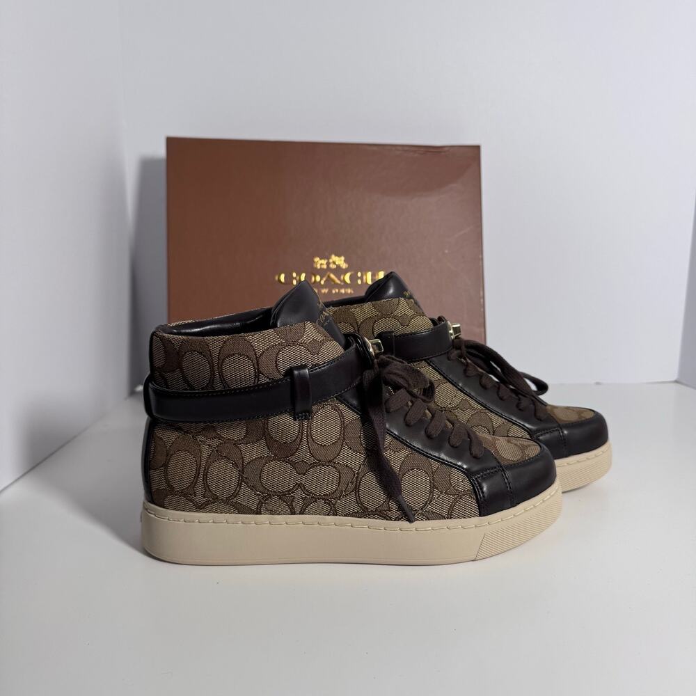 Coach Ray Outline Signature High Top Sneakers Khaki Chestnut 6.5 New Defect - Picture 8 of 14